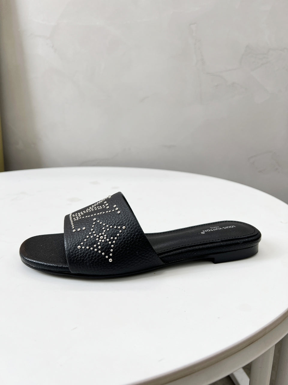 FLAT SLIDE IN BLACK LAMBSKIN WITH RHINSTONES、mysite、Cacoeks