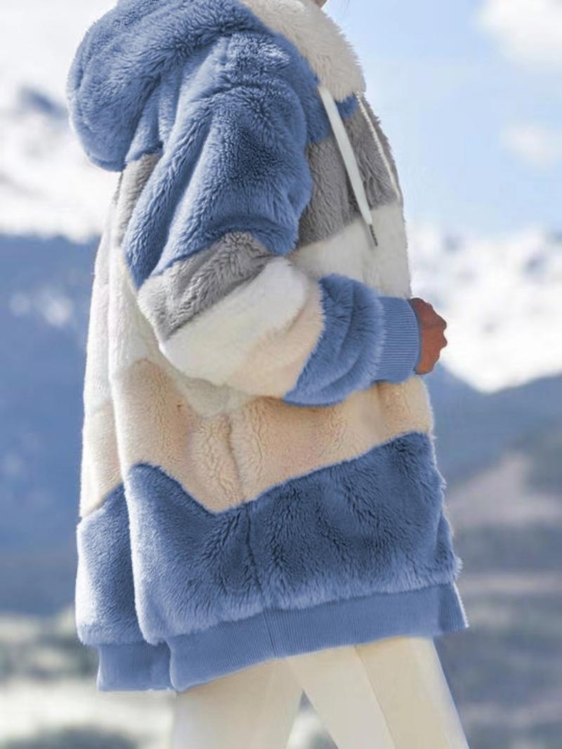 Women's Colorblock Drop Shoulder Hooded Polar Fleece Coat, Fashion Casual Long Sleeve Zip Up Warm Outerwear For Daily Outdoor Wear, Women's Clothing, Jackets