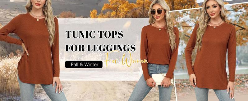 Womens Tunic Tops to Wear with Leggings Long Sleeve Thumb Hole Shirts Crew Neck Curved Hem
