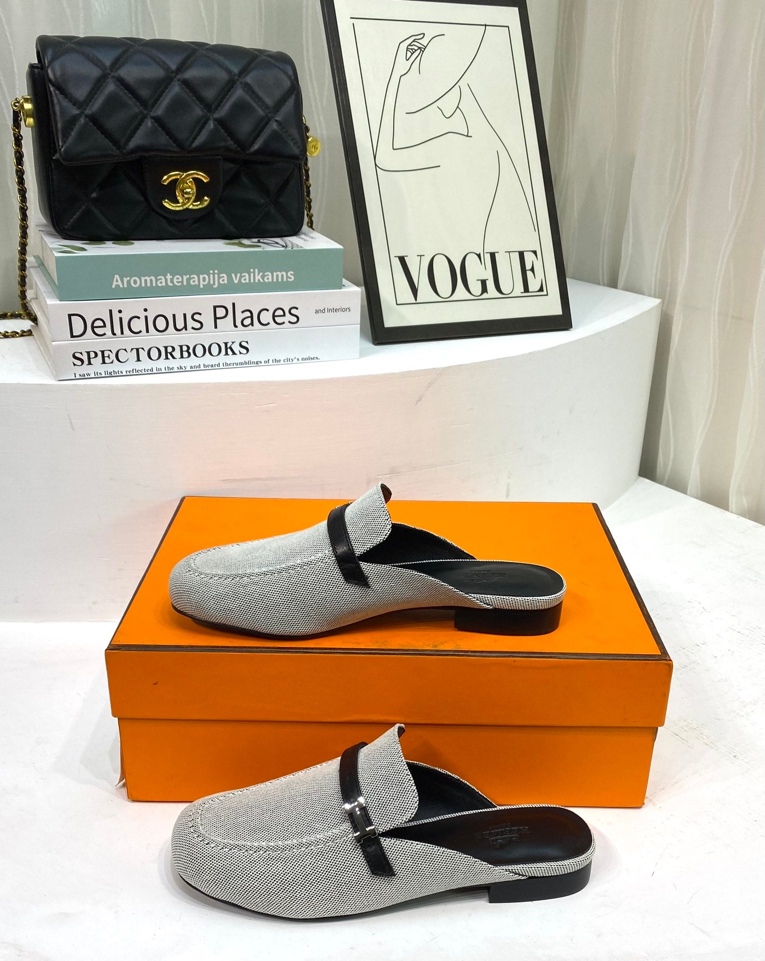 IENA MULE GRAY CANVAS AND BLACK CALFSKIN、mysite、Cacoeks