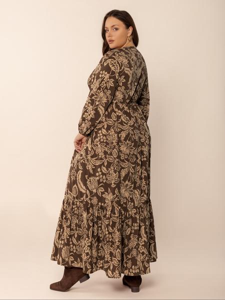 【Plus Size】 All Over Plant Print Ruffle Hem A Line Dress, Casual Bishop Sleeve V Neck Long Sleeve Dress for Fall & Winter, Women's Clothes for Daily Wear
