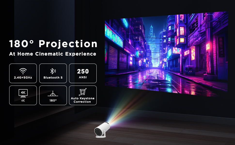 RockTek PJ200 HY300 projector 2.4G 5G wifi bluetooth 5 250 ansi 4k ultra HD auto keystone
