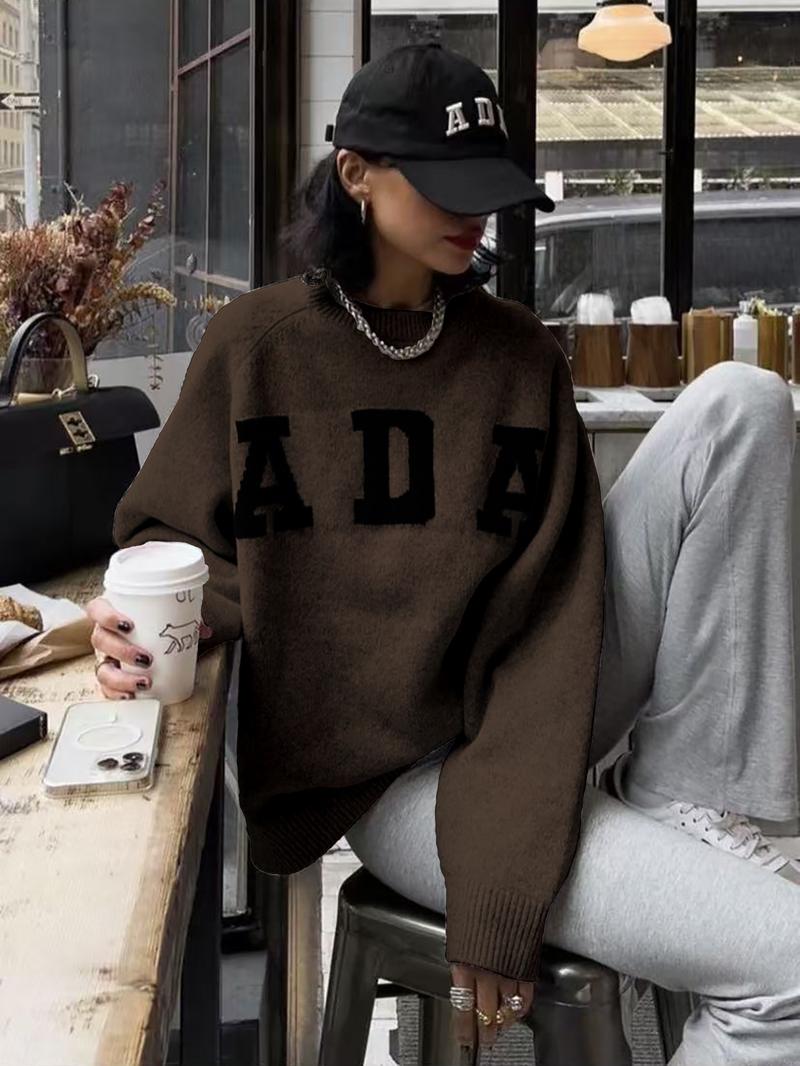 Women's Long Sleeve Knit Sweater, Loose-Fitting Round Neck Pullover, Soft Comfortable Elegant Casual Fashion Top for Fall & Winter