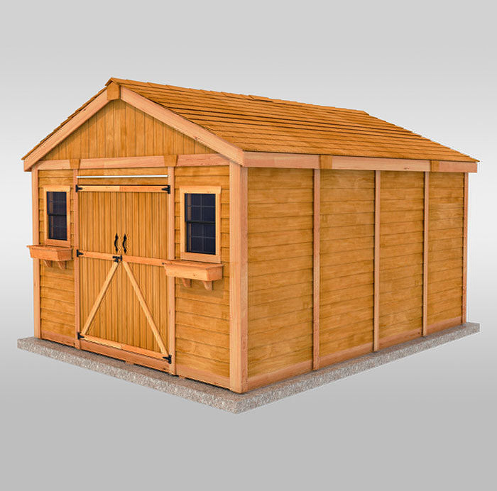 Space Master storage 12x16 Double Door shed with double doors, two windows, and flower boxes, assembled on a concrete foundation.