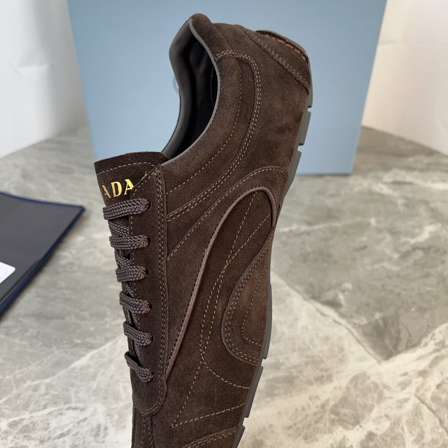 PRADA 25S MONTECARLO ANTIQUED SNEAKERS IN DARK BROWN SUEDE、mysite、Cacoeks
