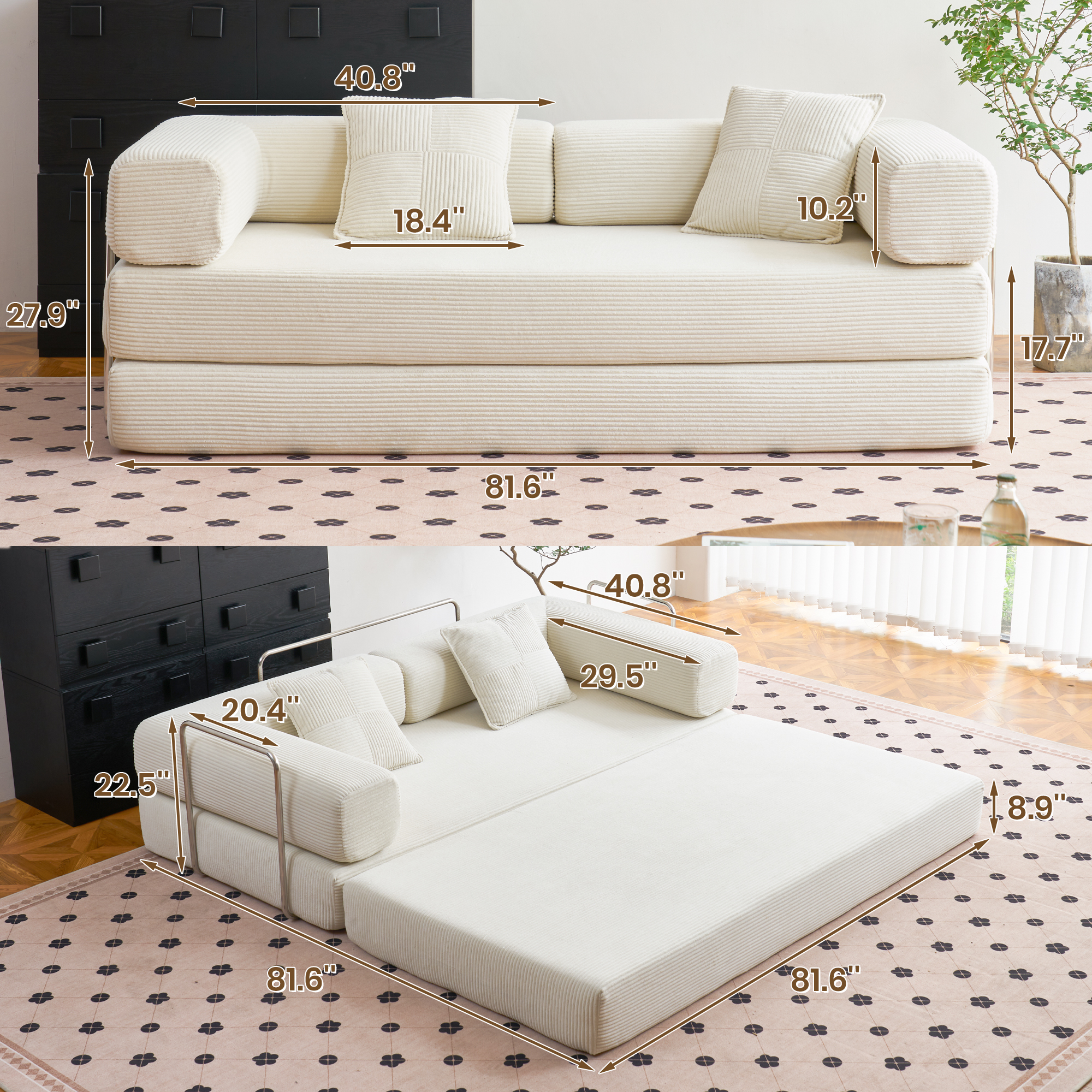 YINIX 81.6" King Size Convertible Sleeper Sofa Bed with 2 Pillows, Corduroy Folding Mattress Couch with Pull Out Bed, Removable Floor Sofa Lounge Couch for Living Room Small Spaces, Cream