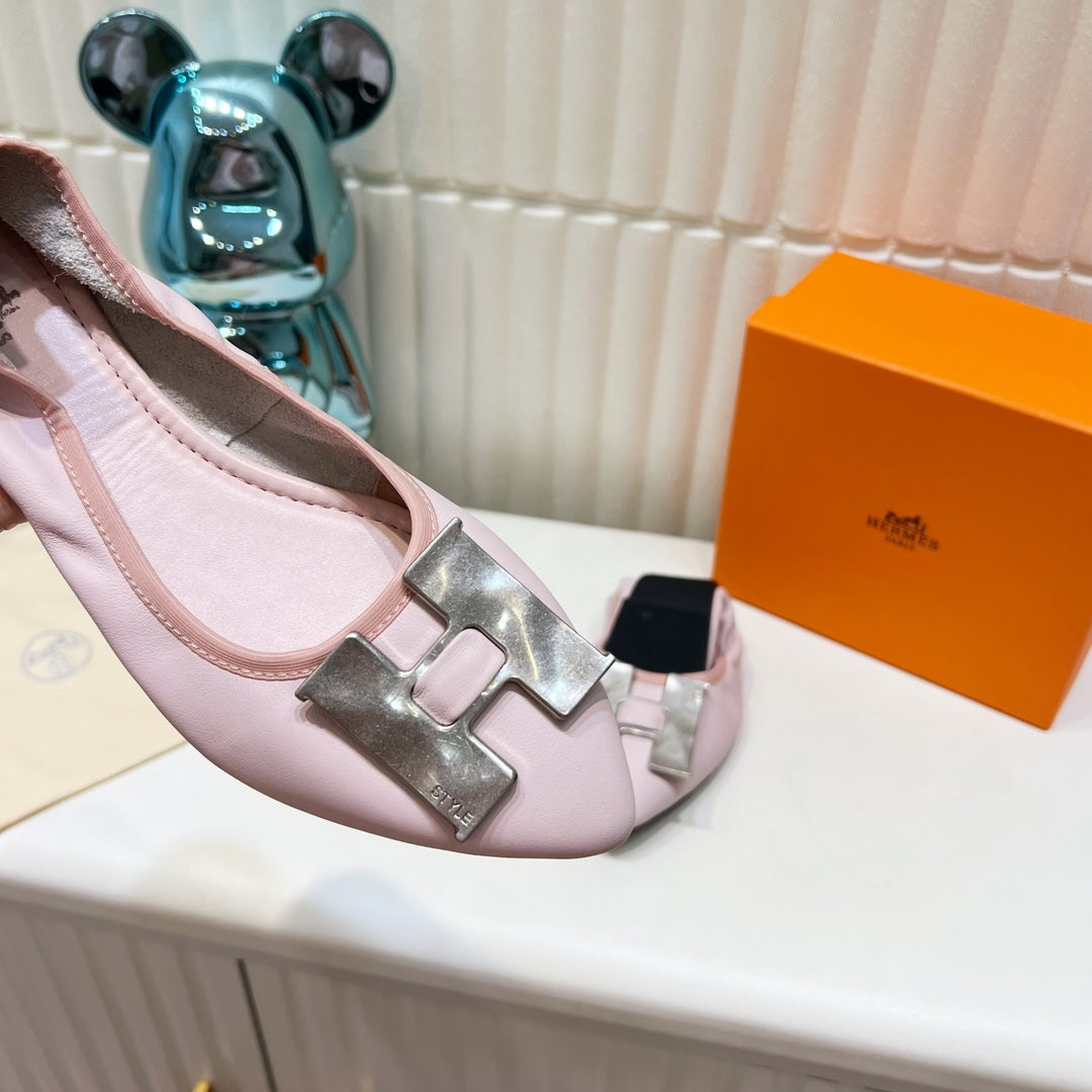 H-BUCKLE BALLLET FLAT LIGHT PINK CALFSKIN、mysite、Cacoeks
