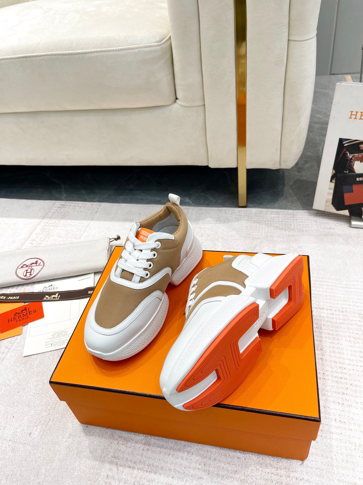 GIGA SNEAKER IN CIDER BROWN STITCHED MESH AND WHITE CALFSKIN、mysite、Cacoeks