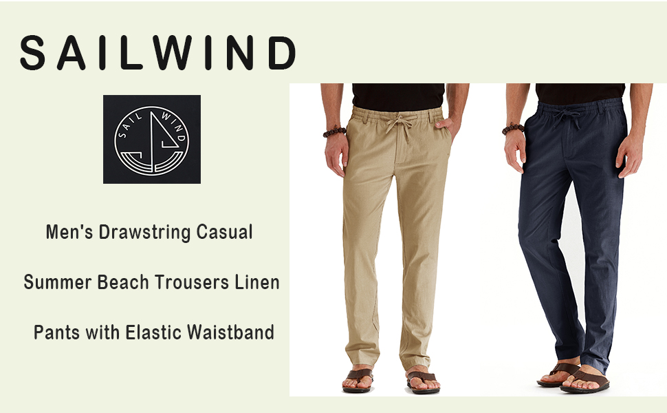 Sailwind Men's Drawstring Casual Summer Beach Trousers Linen Pants with Elastic Waistband