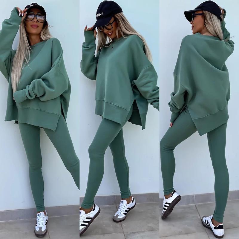 Oversize Two-Piece Set Women's  Split Hem Sweatshirt & Skinny Pants, Casual Fashion Cozy Round Neck Long Sleeve Pullover Women's Clothing for Fall & Basic Winter  Suits Womenswear Gamis