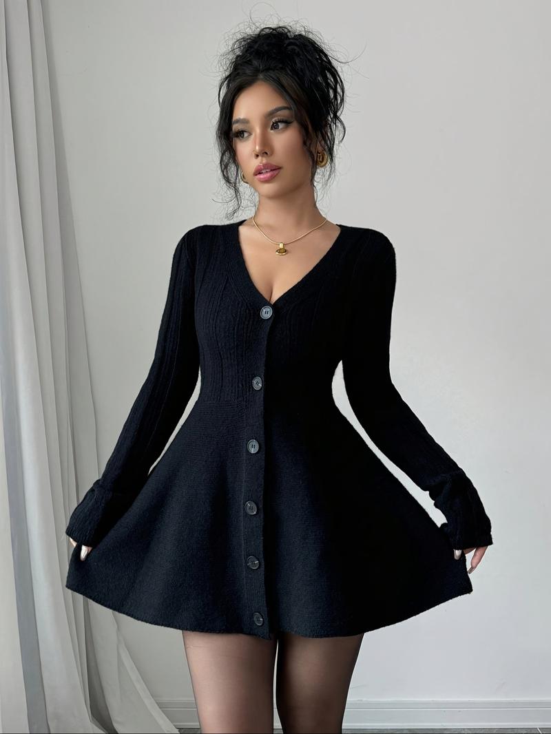 Women’s New V Neck Knitted Dress with Button Details, Long Sleeve Short Waist A-Line Skirt for Casual and Stylish Looks