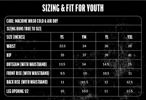 Youth Shorts size chart