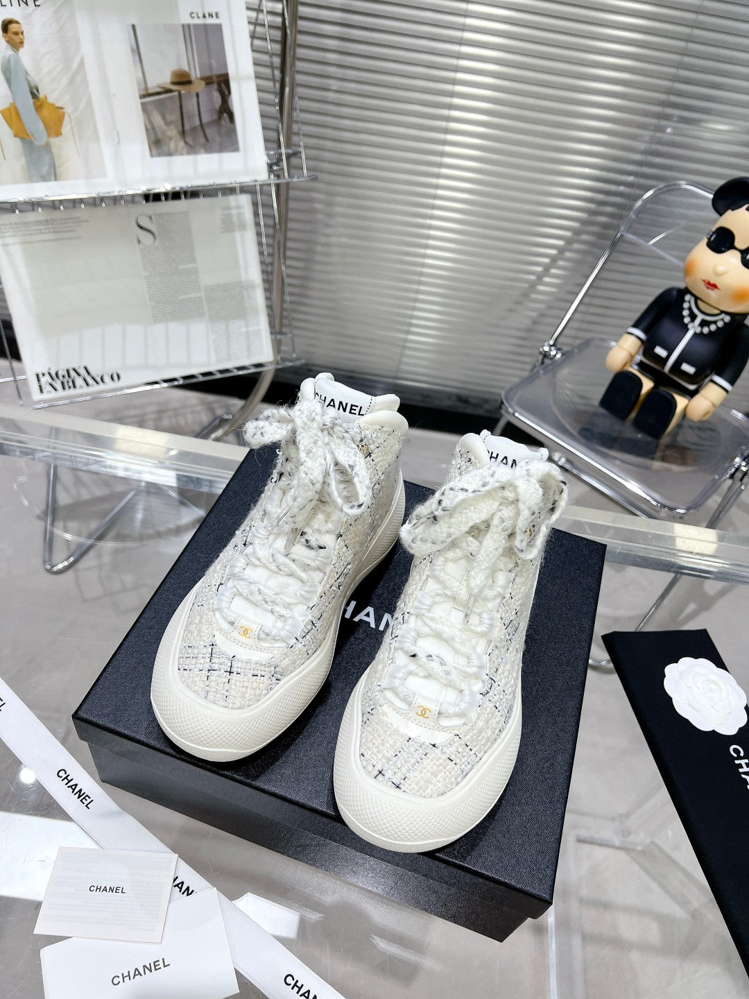 CC CANO ALTO SNEAKER IN WHITE WOOL TWEED AND RUBBER、mysite、Cacoeks