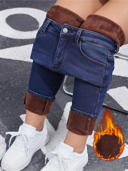 Women's Fall Winter Fleece Lined Denim Jeans, Elegant Woven Fabric, Thicken Warm Comfortable Pants, High Waist Slim Fit Design