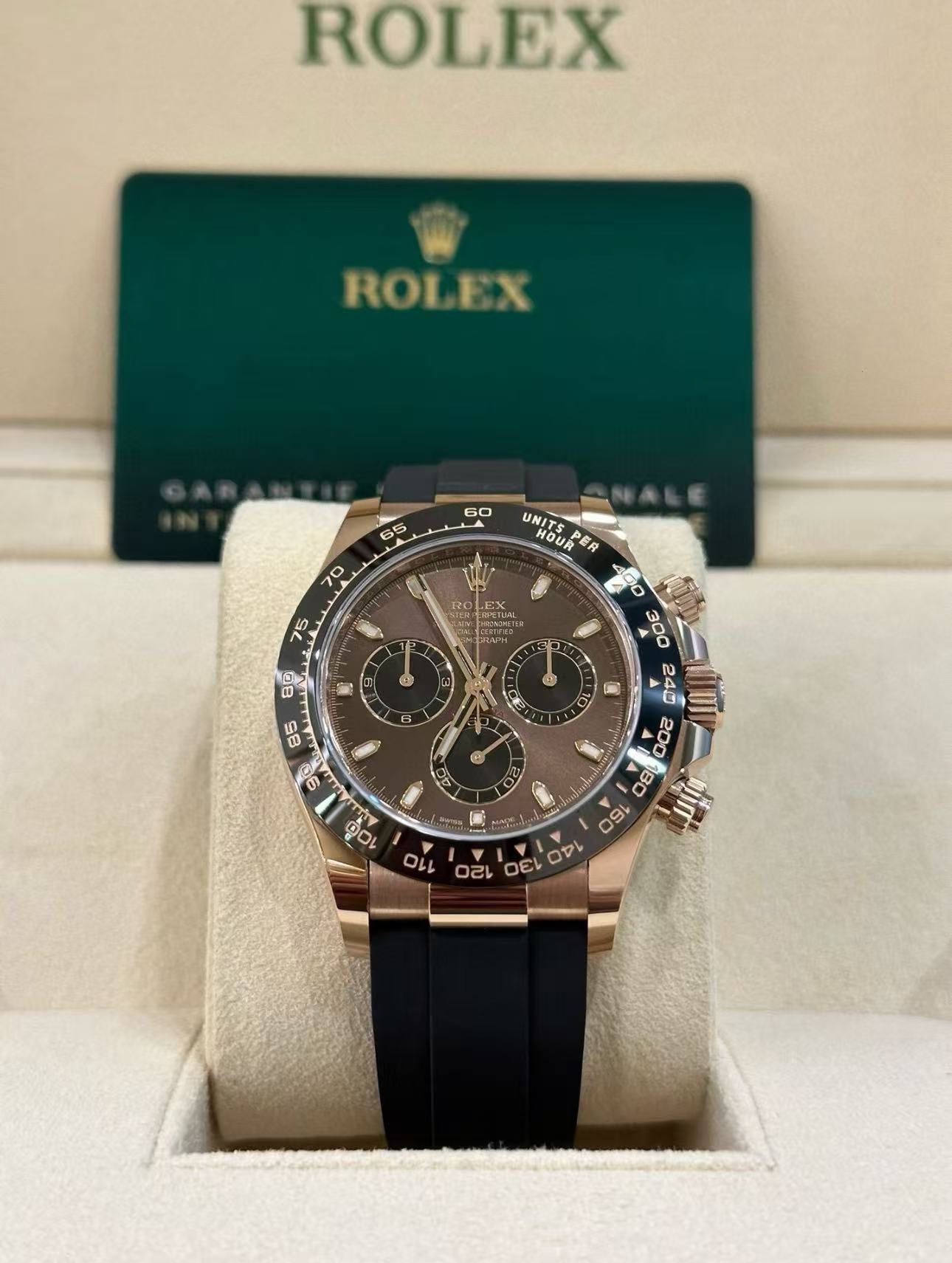 Rolex Daytona 18k Rose Gold Super Clone SwissReplica Watch OysterFlex Rubber Strap Ref 116515LN 4130 Swiss Movement