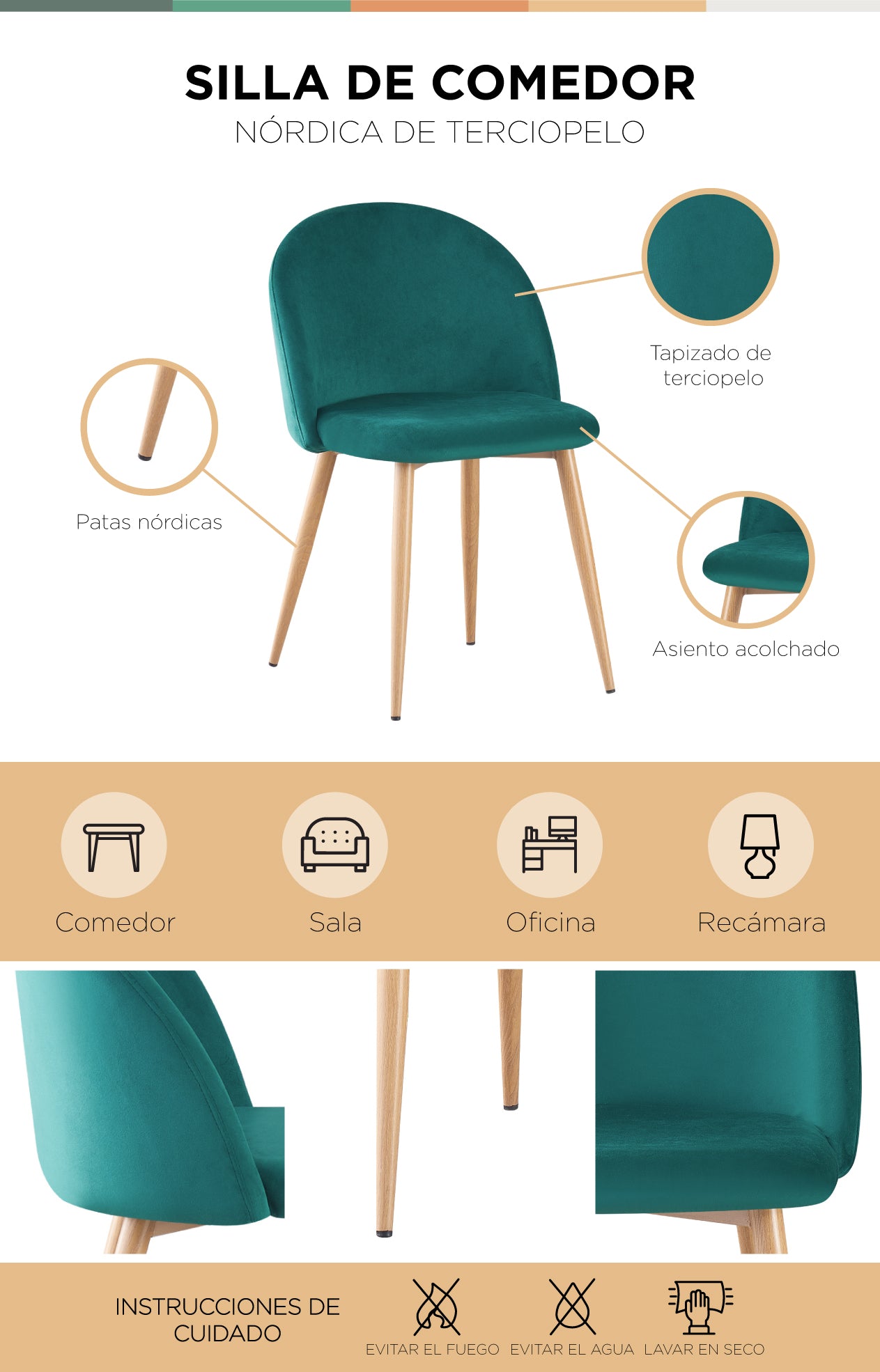 Silla de Sala Comedor Moderna Terciopelo Verde