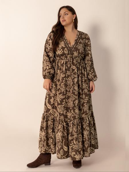 【Plus Size】 All Over Plant Print Ruffle Hem A Line Dress, Casual Bishop Sleeve V Neck Long Sleeve Dress for Fall & Winter, Women's Clothes for Daily Wear