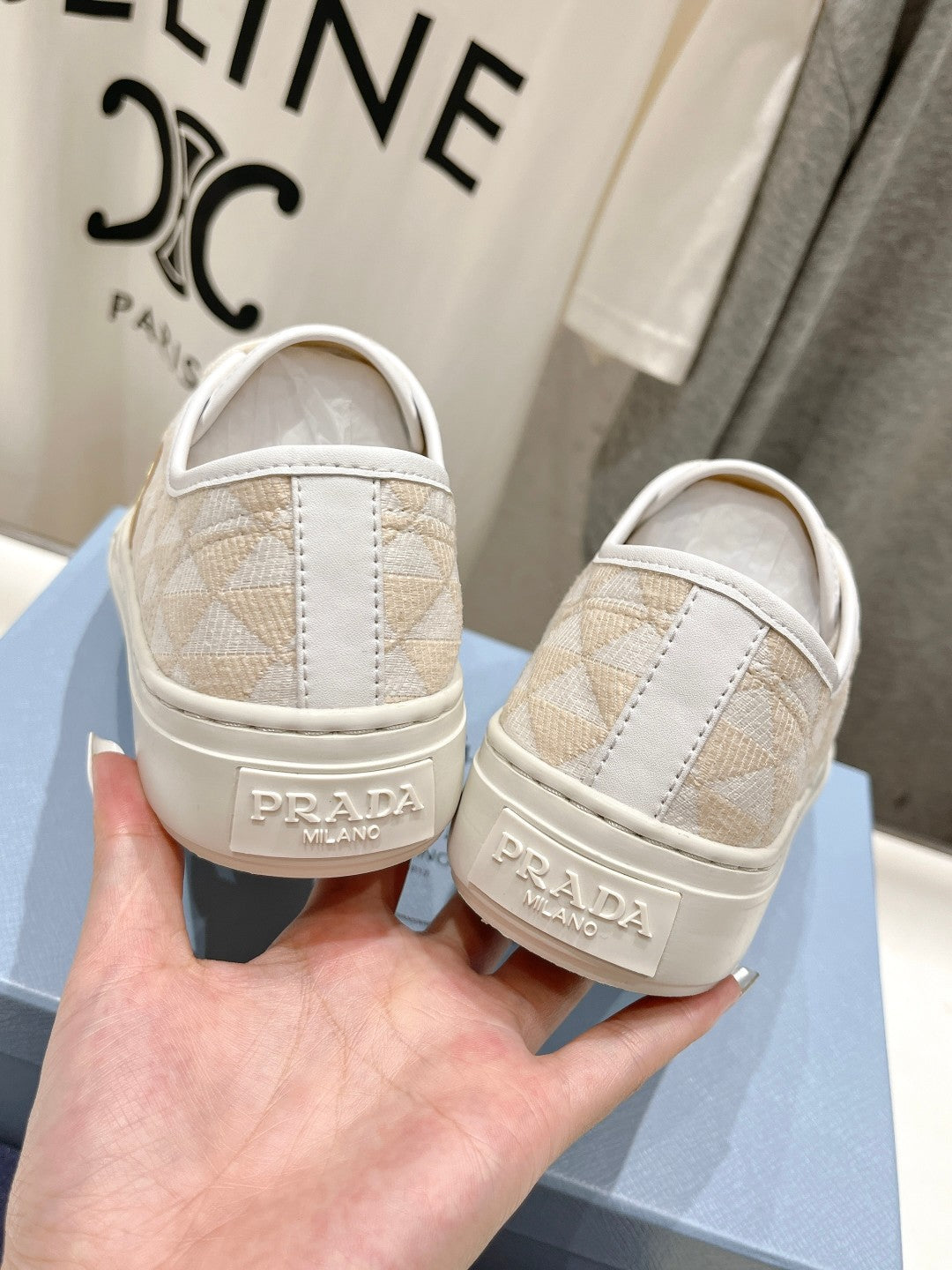 PRA PRINTED COTTON SNEAKERS WHITE AND BEIGE CANVAS、mysite、Cacoeks