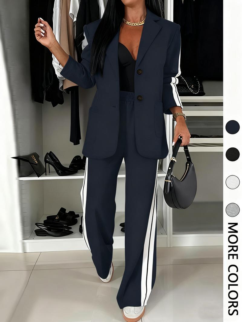 Women's Striped Print Blazer Jacket & Wide Leg Pants Set, Casual Fitted Suit for All Seasons, Stylish Ladies' Clothing Ensemble