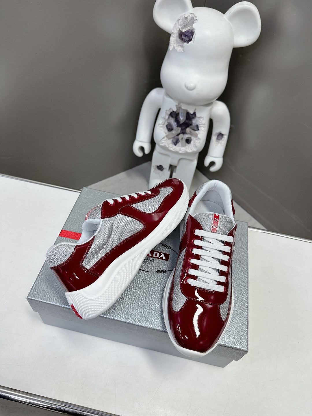 PRADA SNEAKERS IN BURDUNDY RED CALFSKIN AND MESH、mysite、Cacoeks