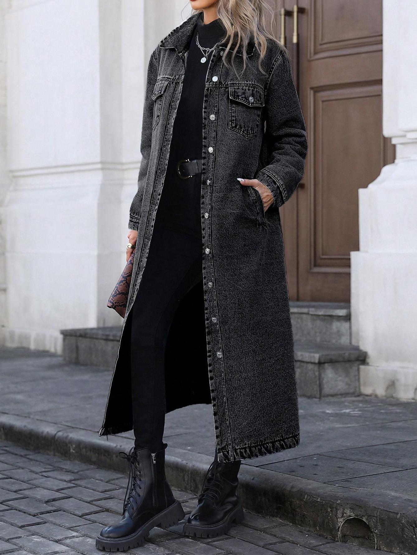 Women's Button Front Denim Coat, Elegant Casual Long Sleeve Outerwear for Spring & Fall, Women's Clothing for Daily Wear