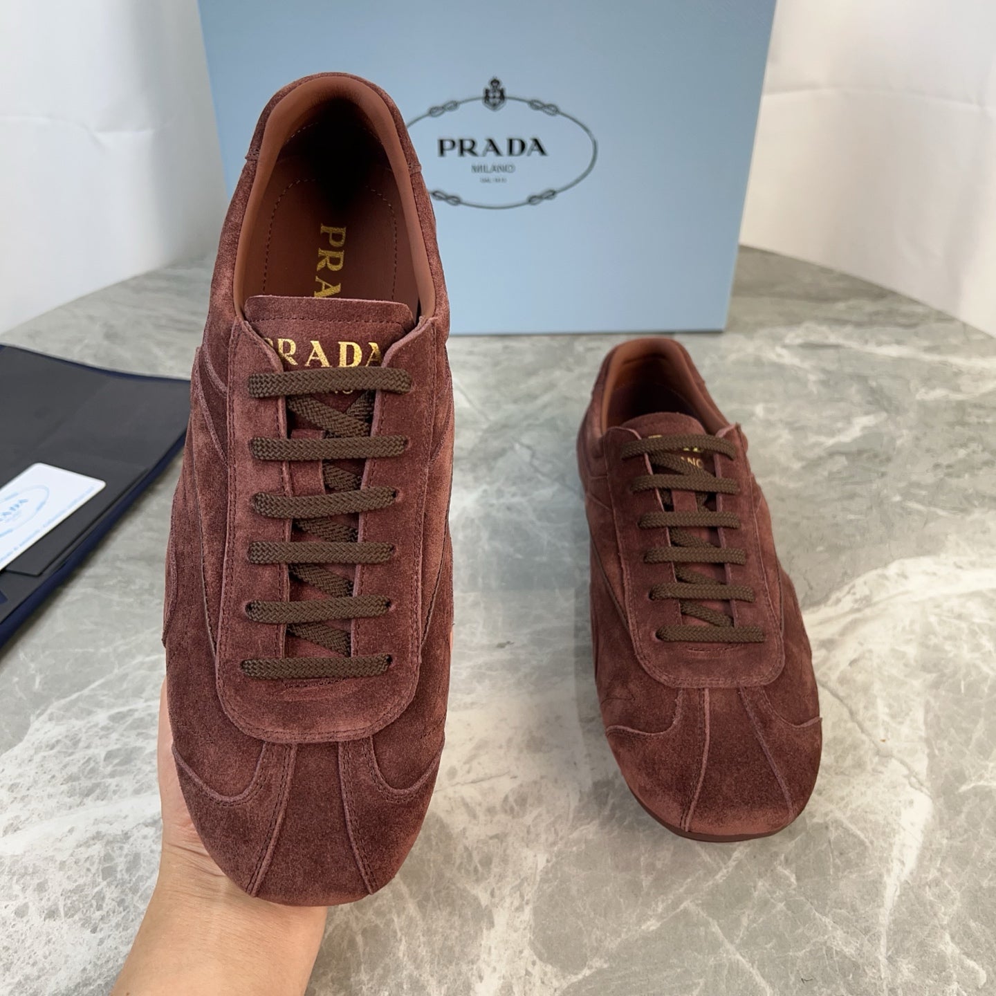 PRADA 25S MONTECARLO ANTIQUED SNEAKERS IN MAHOGANY BROWN SUEDE、mysite、Cacoeks