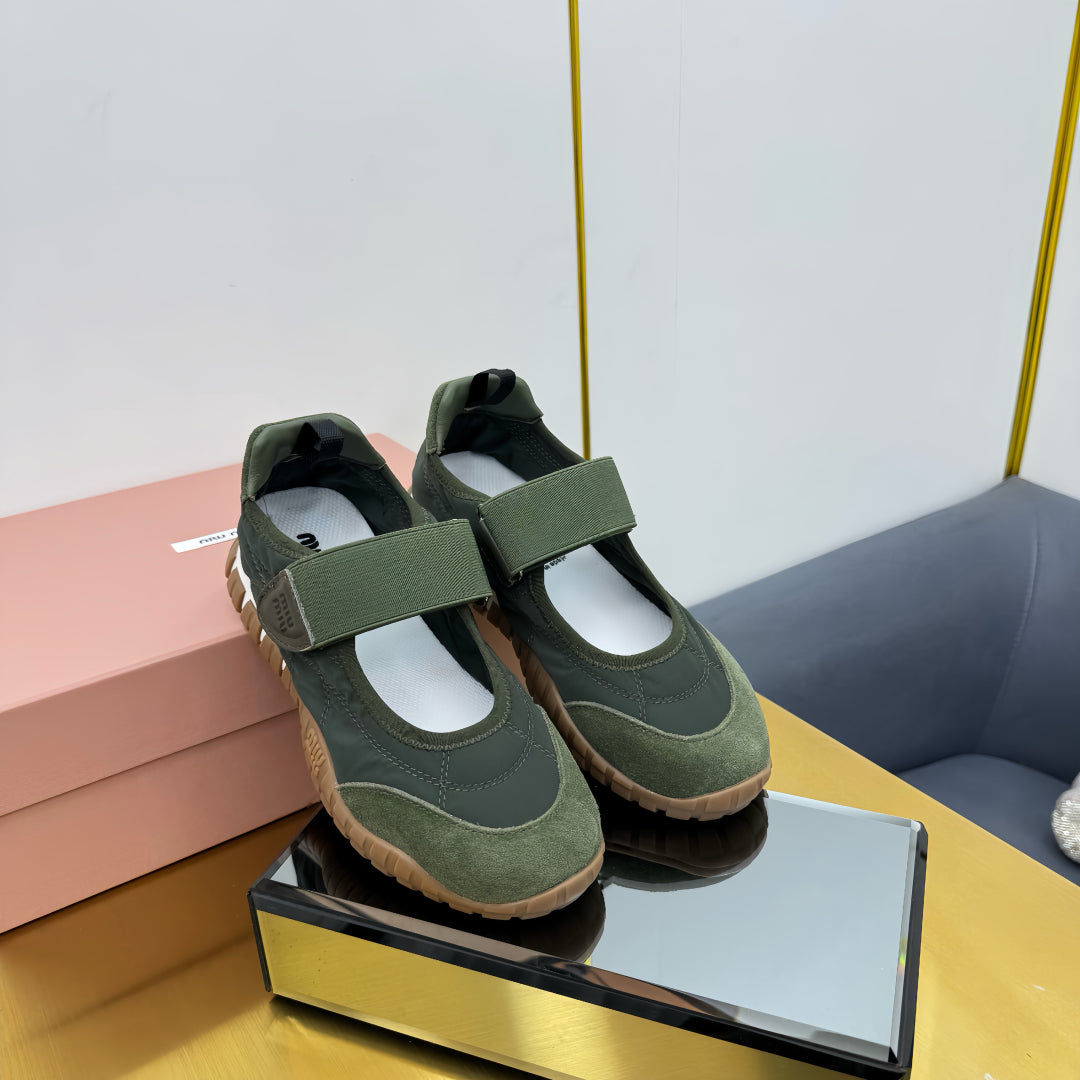 BALLERINAS SHOES IN DARK GREEN TYRE TECHNICAL FABRIC AND SUEDE、mysite、Cacoeks