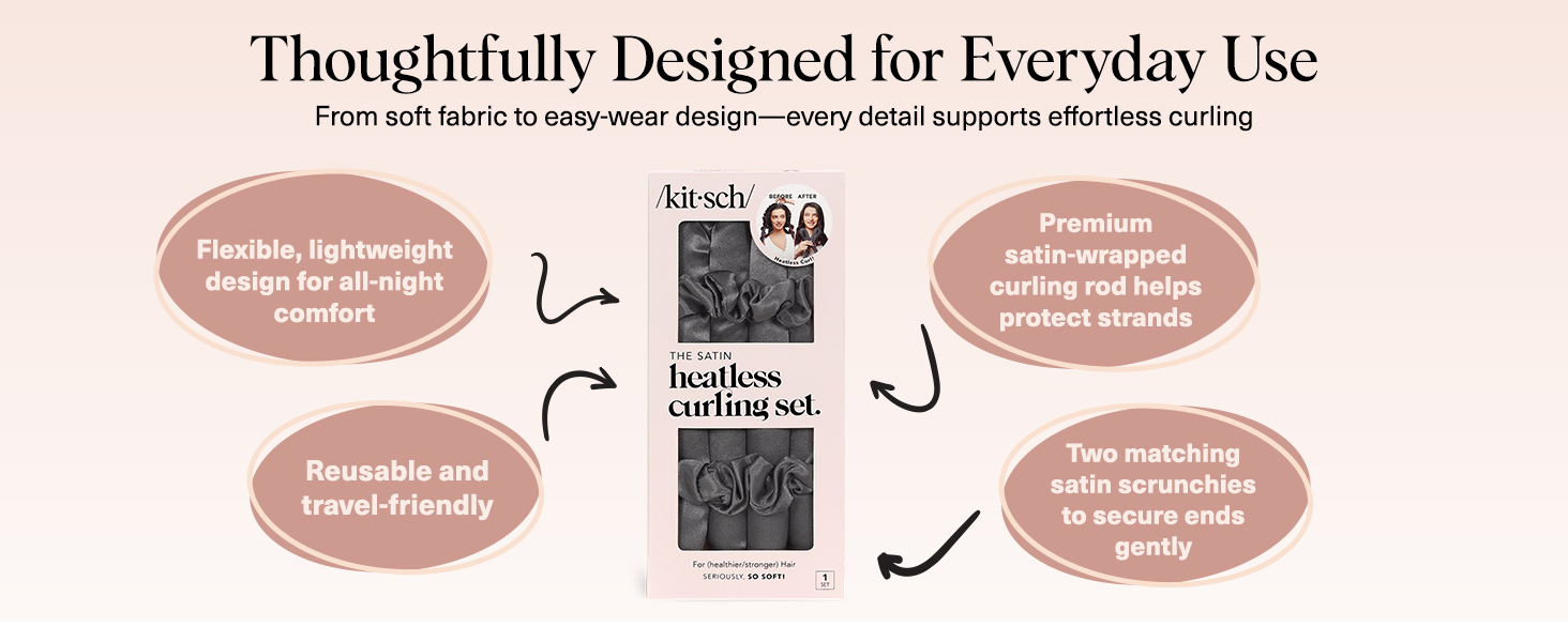 Kitsch Satin Heatless Curling Set – Heatless Hair Curler for Women, Hair Curler to Sleep Charcoal