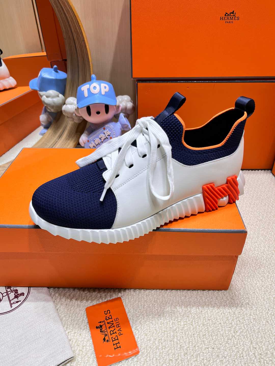 DEPART SLIP-ON SNEAKER IN NAVY BLUE KNIT AND WHITE CALFSKIN、mysite、Cacoeks