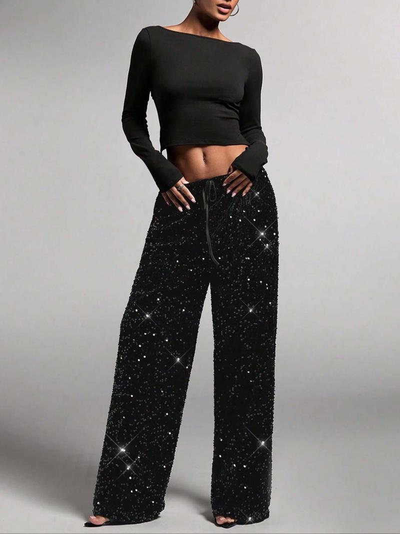 Women's Fashion Pants with Elastic Waistband, Bow Tie Design, Sequin Detailing, Stylish Long Trousers for Casual Wear