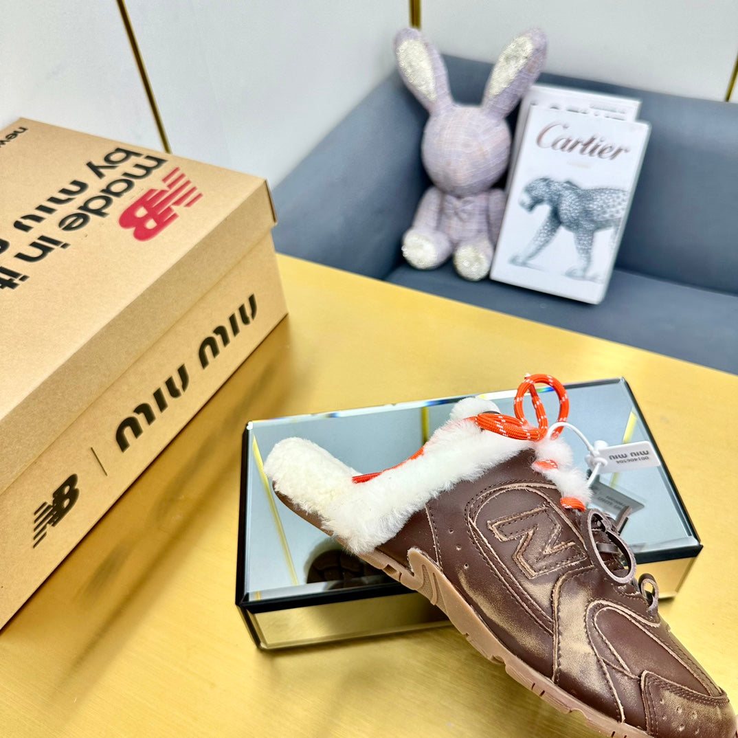 MIUxNB 530 SNEAKER MULES IN BROWN CALFSKIN SHEARLING、mysite、Cacoeks
