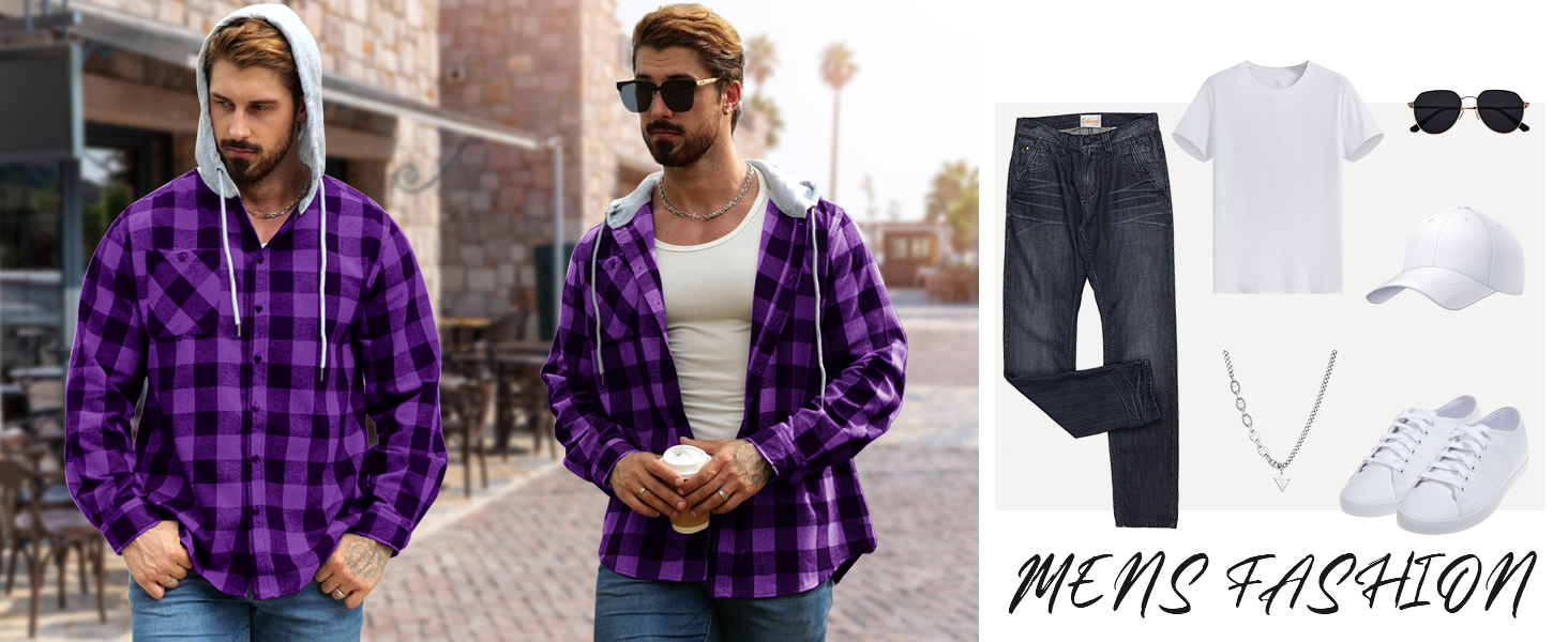 Men plaid hooded jacket shirt
