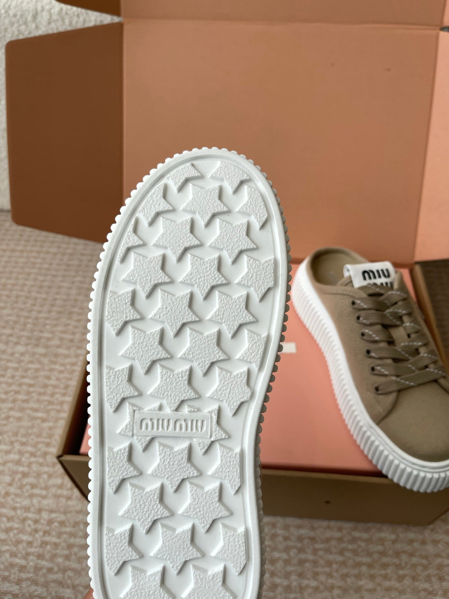 WASH SNEAKER MULES IN DARK BEIGE DENIM STRIPED LACES、mysite、Cacoeks