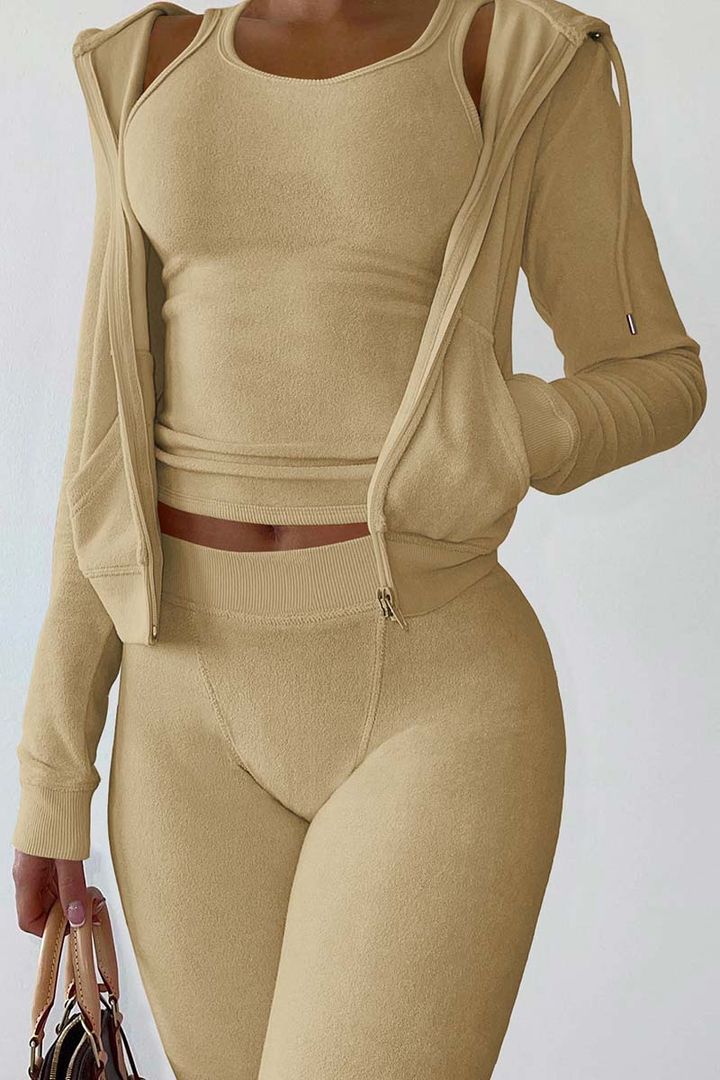 3 Piece Tank Top & Pants & Zip Up Drawstring Hoodie Set gallery 47