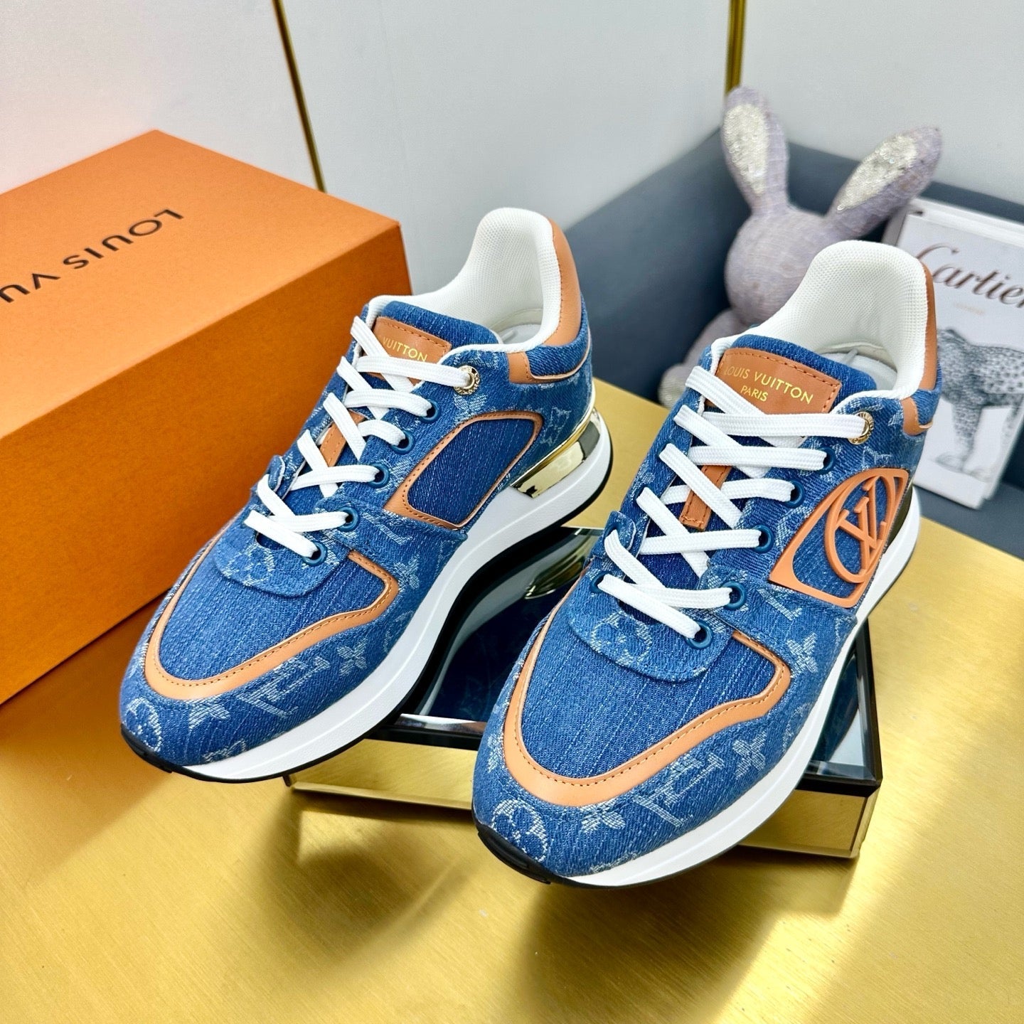 NEO RUN AWAY SNEAKER IN CLASSIC BLUE MONOGRAM DENIM AND ORANGE CALFSKIN、mysite、Cacoeks