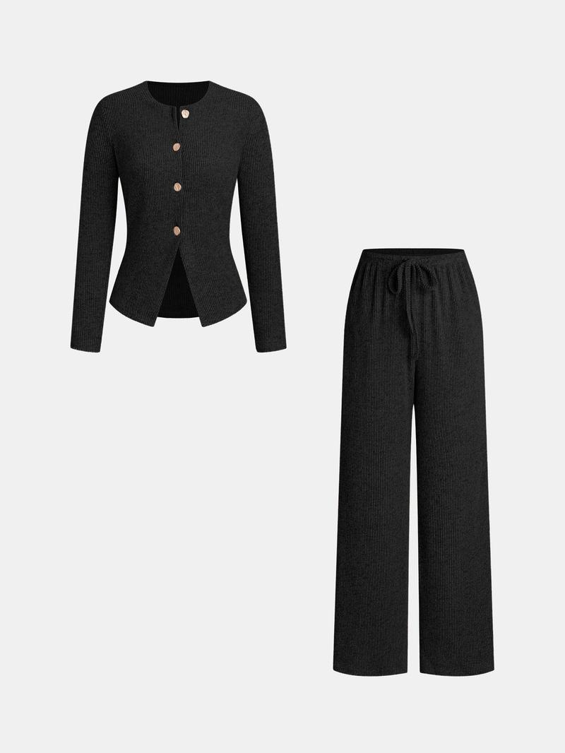 Women's Autumn Winter Set, Knitted Boat Neck Top with Buttons & Ribbed Long Pants, Casual Loose Fit for Ladies