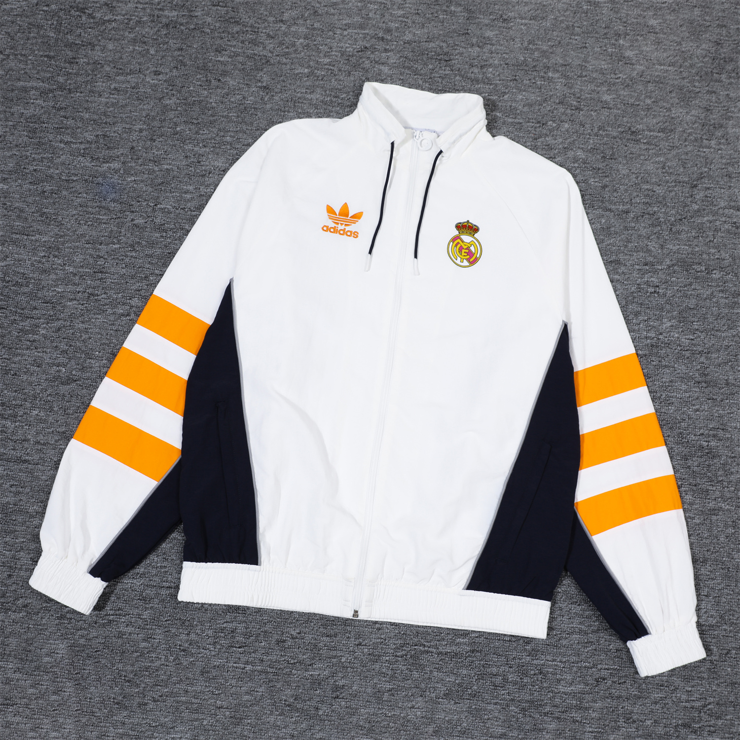 JerseysGala.com | Real Madrid 24-25 Retro Style Player Windbreaker Jacket Suit - White & Orange -Customize Name, Number and Patch | Worldwide Shipping