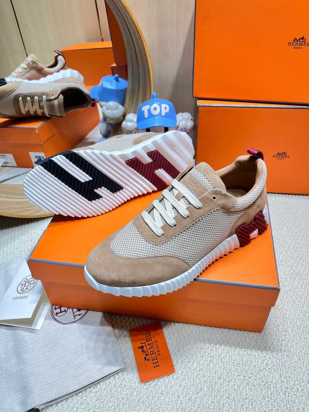 BOUNCING SNEAKER IN PEANUT BROWN SUEDE AND WHITE KNIT、mysite、Cacoeks