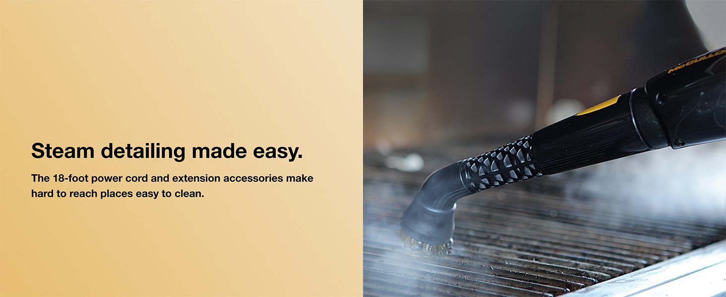MC1375 features a 18-foot power cord and extension to make hard to reach places easy to clean.