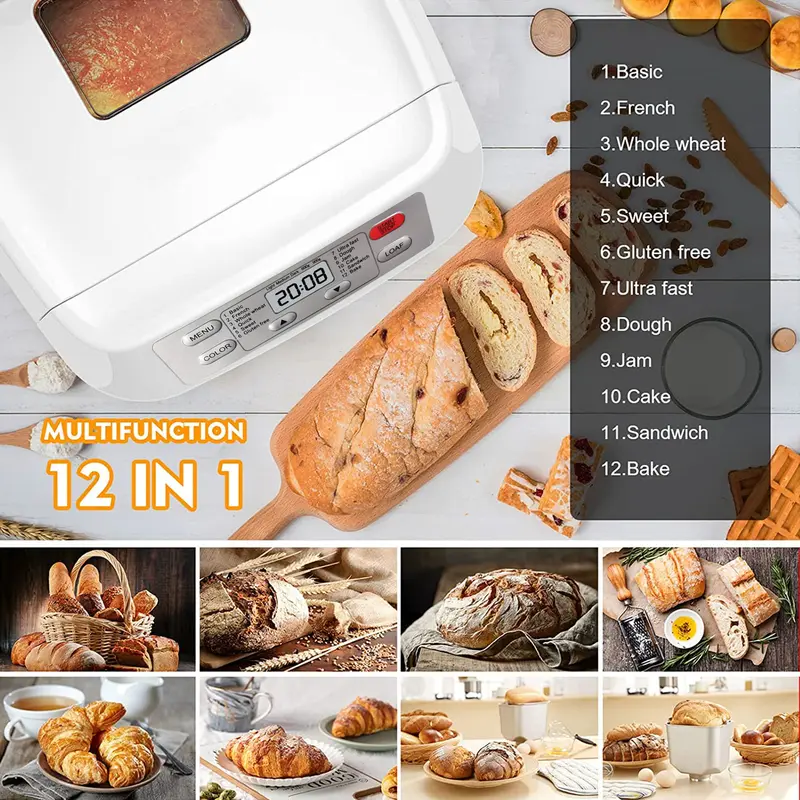 Product Introduction of Automatic Bread Maker, Up to 2LB, 12-in-1 Bread Machine with Auto Fruit Nut Dispenser, 13 H Timer, 1 H Keep Warm, Gluten-Free, 3 Crust Colors, White 5