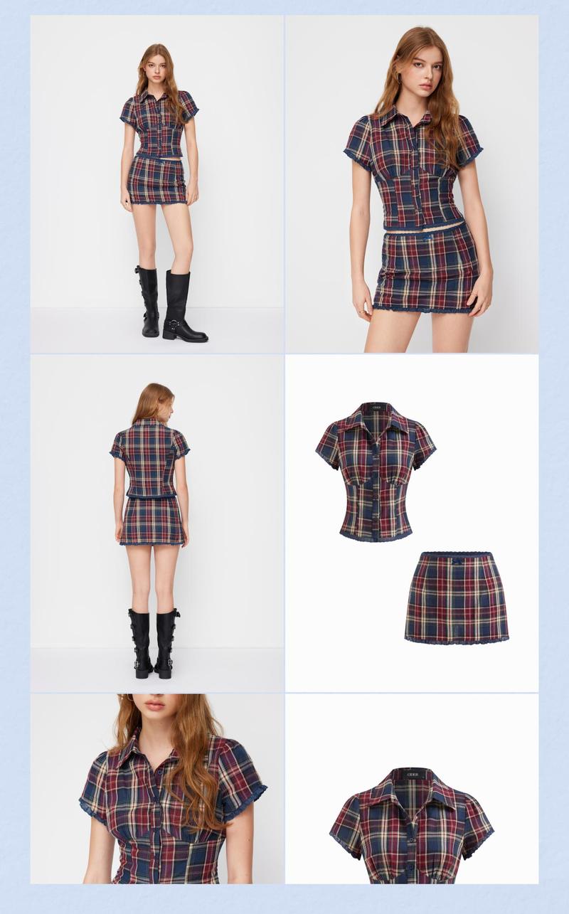Cider Cotton Plaid Collar Short Sleeve Blouse & Mid Rise Lace Trim Bowknot Mini Skirt Set