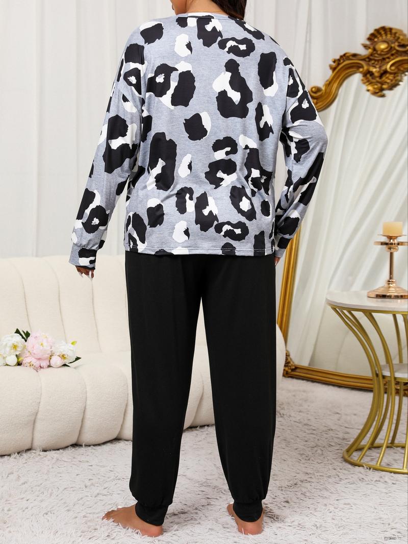 Two-Piece Plus Size Leopard Print Pajama Set Casual Drop Shoulder T-Shirt and Solid Color Long Pants Set for Women Spring and Autumn Pajamas Women's Pajamas