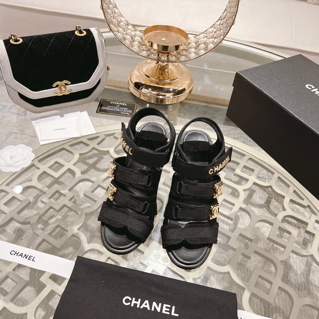 Double C Xiaoxiang Chain Fabric Head Chunky Heel Sandals Black Lambskin、mysite、Cacoeks