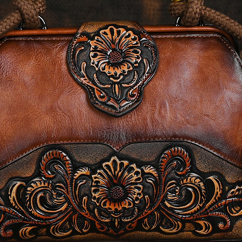 Women's Handbag Crossbody Bag Shoulder Bag Boston Bag PU Leather Party Daily Holiday Embossed Large Capacity Lightweight Durable Color Block Flower Folk dark brown claret ArmyGreen 2023 - US $107.71 –P3