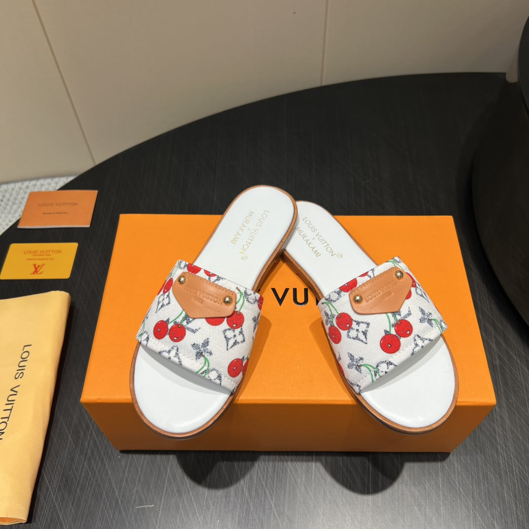 LV SLIDE SANDALS 25S IN WHITE DENIM AND CALFSKIN WITH LOGO PRINT、mysite、Cacoeks