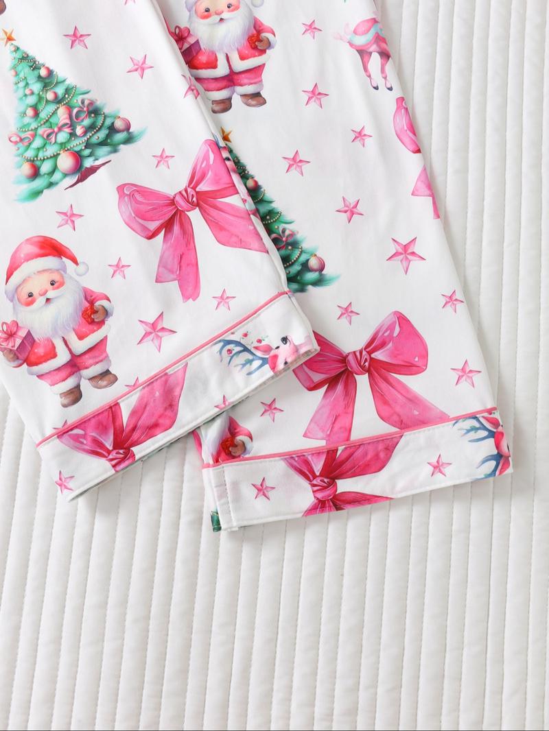 Two-piece Set Women's Christmas Print Button Front Pocket Shirt & Elastic Waist Pants Pyjama, Casual Comfy Long Sleeve Collared Top & Trousers Pyjama Set, Women's Sleepwear for Spring & Fall