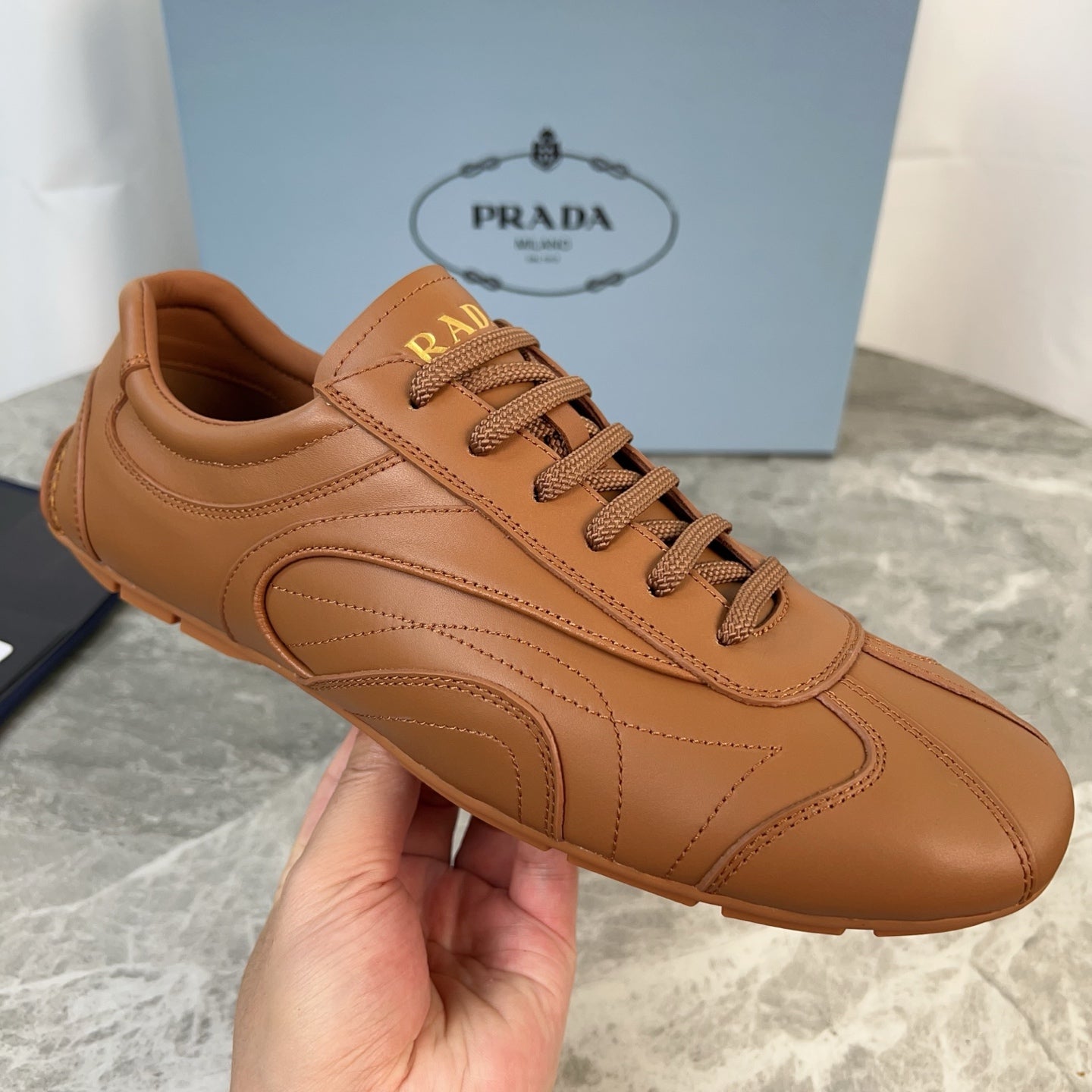 PRADA 25S MONTECARLO ANTIQUED SNEAKERS IN CARAMEL NAPPA LEATHER、mysite、Cacoeks