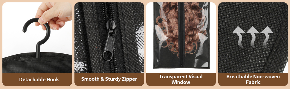 Gancho desmontable, cremallera suave y resistente, ventana visual transparente, tela no tejida transpirable