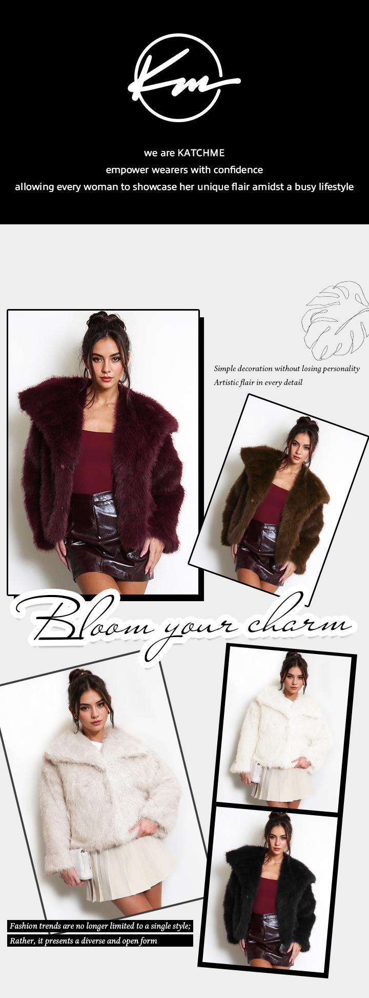 KatchMe Women's Luxurious Oversize Solid Color Wide Lapel Snap Closure Fuzzy Thermal Outerwear, Fall & Winter Furry Long Sleeve Faux Fur Outerwear