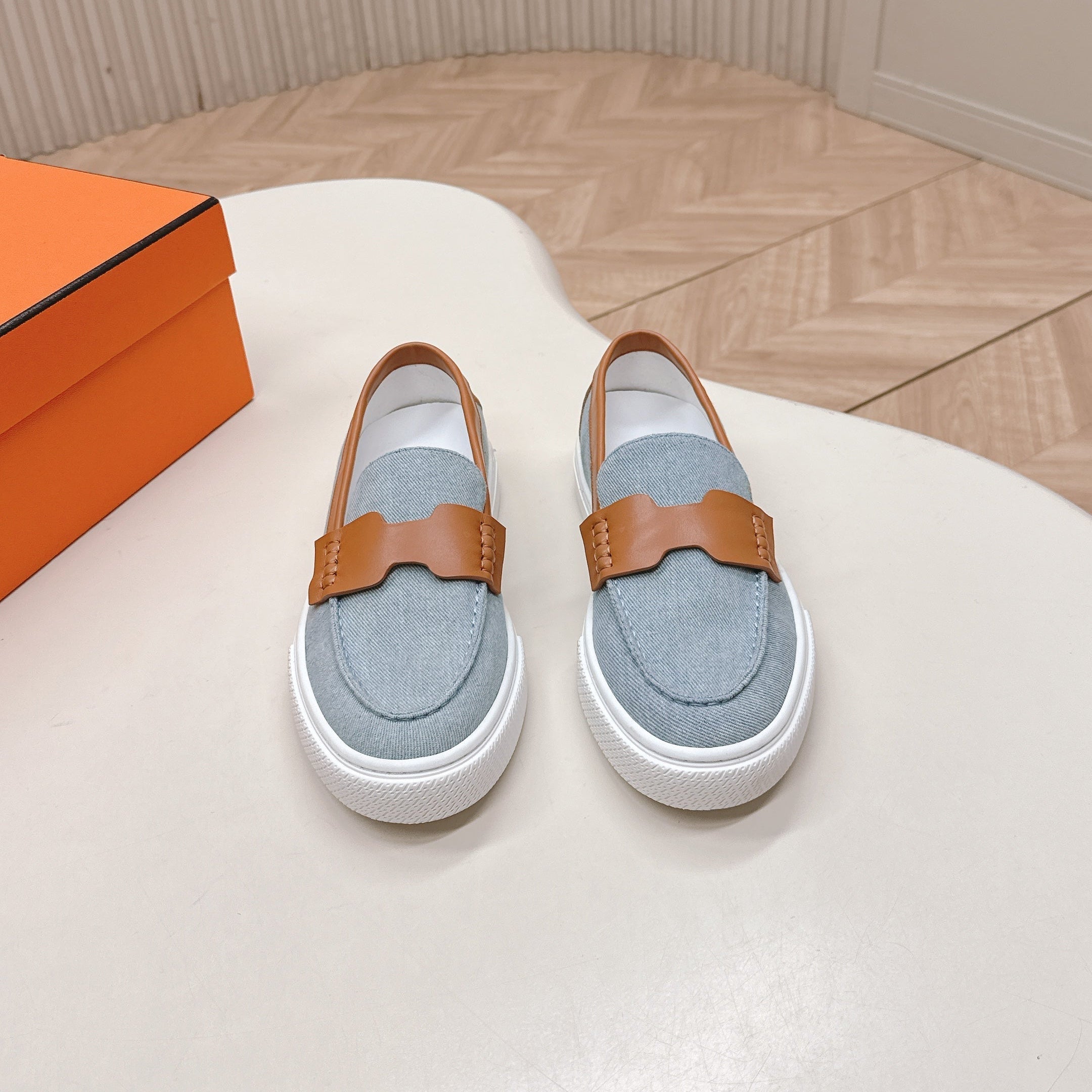 HM 25S SLIP-ON IN BLUE DENIM AND BROWN LAMBSKIN、mysite、Cacoeks